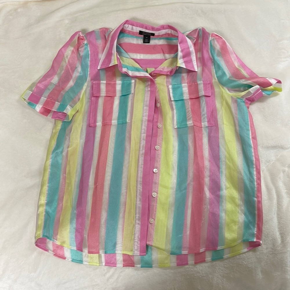 Button down top with multicolored and clear mesh stripes